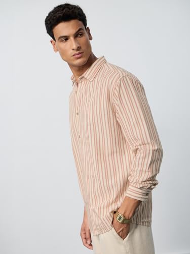The Souled Store Cotton Linen Stripes: Apricot Men and Boys Long Sleeves Collared Neck Orange Stripes Regular Fit Lightweight Comfortable Summer Cotton Linen Shirts