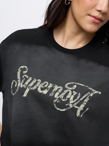 The Souled Store Oversized T-Shirt: Supernova Women and Girls Short Sleeves Round Neck Black Graphic Printed Cotton Oversized Fit Breathable Everyday Streetwear T-Shirts