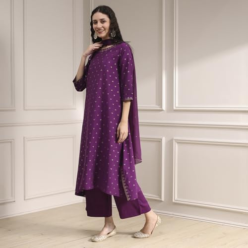 Biba Women Purple Polyseter Blend Straight Printed Kurta Set_46