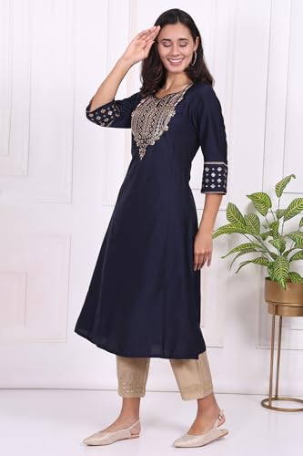 W for Woman Navy Blue Embroidered Straight Kurta - (W11970-222877-XS)
