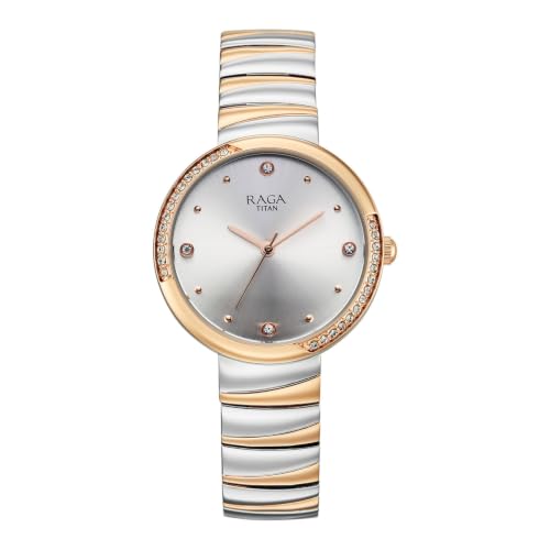 Titan Raga Spotlight 2.0 Quartz Analog 3Hands Display Silver Dial IPRG+Steel Look Color Strap Watch for Women - 95427KM01
