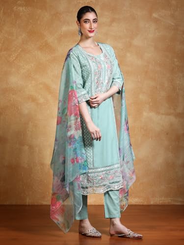 Varanga Women Thread Embroidered Kurta With Trouser & Floral Printed Dupatta