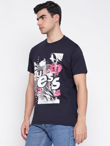 GUESS Mid Organic Stream Smart Blue Graphic Round Neck Regular Fit T-Shirt