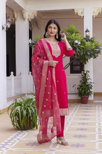 VARNI FABRICS: A lady's First Love Women's Viscose Chanderi Pink Embroidered Kurta Pant With And Bandhani Print Dupatta Set (IN, Alpha, 2XL, Regular)