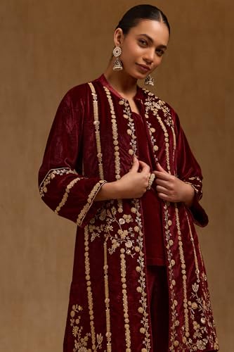 Soch Womens Maroon Velvet Solid Co-Ord Set With Zari
