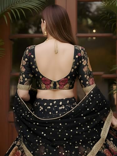 Zeel Clothing Women's Floral Print, Zari and Sequins Embroidered Work Banglori Silk Semi-Stitched Lehenga Choli With Dupatta (7508-Black-Wedding-Lehenga-Choli, Free size) (Black)