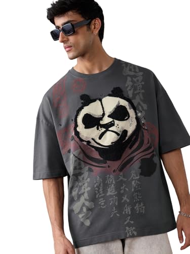 The Souled Store Kung Fu Panda: Angry Panda Men and Boys Short Sleeves Round Neck Grey Graphic Printed Embroidered Cotton Oversized T-Shirt