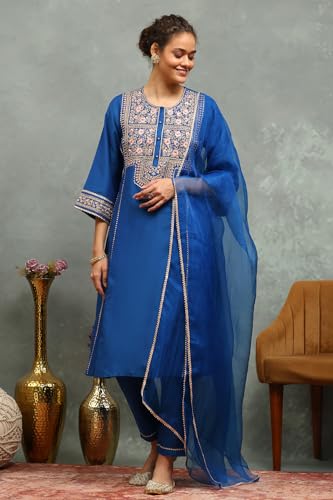 Rangriti Women Blue Viscose Blend Embroidered Kalidar Suit Set_36