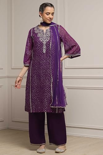 Biba Women Purple Viscose Straight Printed Suit Set_40