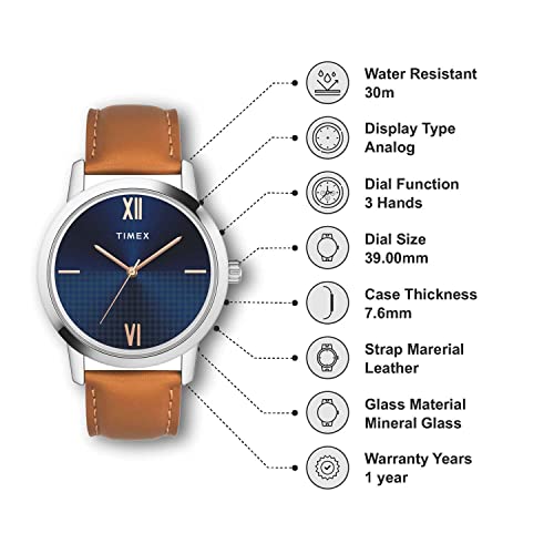 TIMEX Analog Watch for man with Blue Round Dial & Tan Leather Strap Band Water Resistant Men's Wrist Watches - TWTG31SMU01