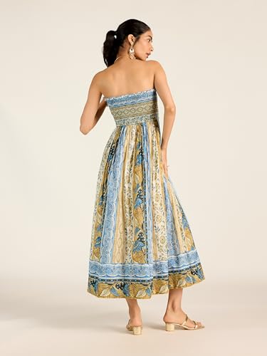 Label RITU KUMAR Blue Ecru Renelle Offshoulder Dress