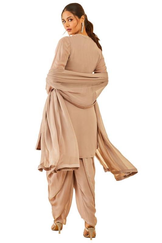 Soch Womens Beige Embellished Georgette Suit Set with Dupatta