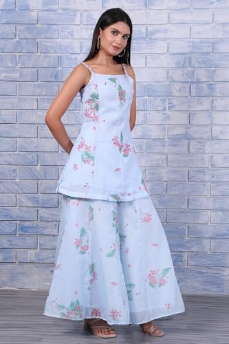 W for Woman Blue Floral Printed Thread Embroidered Kota Flared Kurta, Flared Pant and Dupatta Set (Size: M)-WS12677-125426