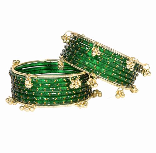 Swara Creations Kashmiri Ghungroo Raindrop Bangles Combo Set | Dark Green Color| for Women and Girls|Set of 16 Pcs (SKU415)