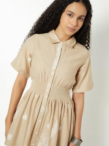 Max Women Printed A-line Shirt Dress (Beige_S)