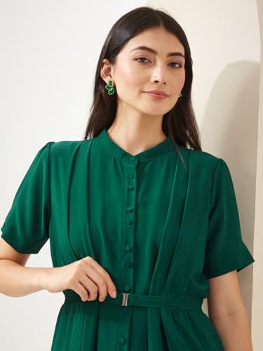 Latin Quarters Women Green Mandarin Half Sleeves A-Line Solid Casual Dress_XXL