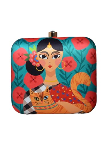 Artklim Lady With Cat Printed Clutch