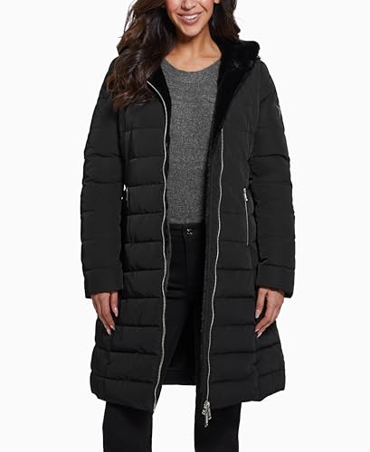 GUESS Women's Helena Long Fur Jacket, Jet Black, Small