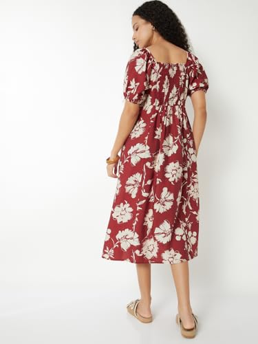 Max Women Floral Print A-line Midi Dress(Red_L)