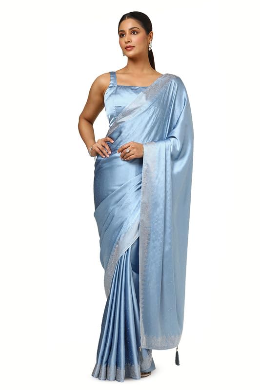 Soch Womens Powder Blue Satin Embellished Saree With Stone Work