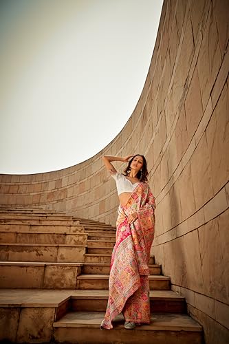 MADHUHANSH Womens Kasamiri Cotton Patola Letest Designer Saree with Unstitched Blouse With Boluse Piece (WHITE)