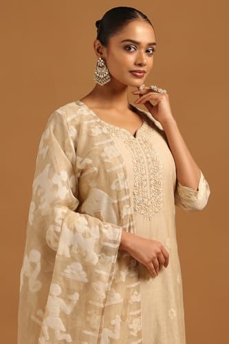 Soch Womens Beige Linen Floral Salwar Suit With Thread Work