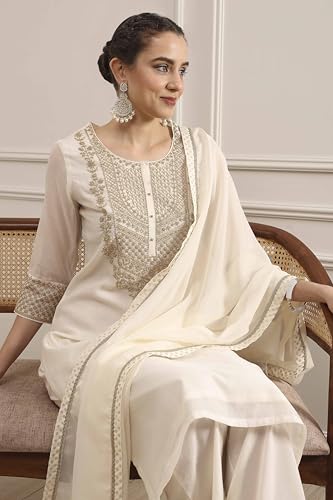 Biba Women's Polyester Kurta, Bottom, Dupatta (SKDUTSV31130AW25OWHT