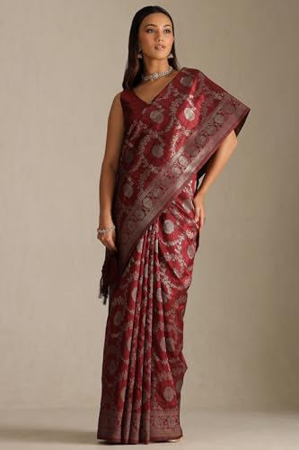 Soch Womens Maroon Tussar Floral Print Saree With Zari Woven