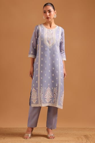 Soch Womens Blue Chanderi Botanical Embroidered Chikankari Embroidery Salwar Suit