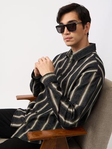 The Souled Store Striped Shirt: Mercury Men and Boys Long Sleeve Spread Collar Charcoal Grey Striped Cotton Blend Lightweight Easy to Style Everyday Office Wear Relaxed Shirt