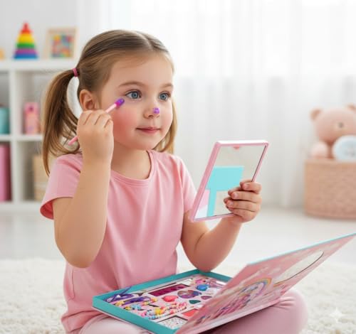 Big Size Kids Washable Makeup Kit Fold-Out Makeup Palette with Mirror Non-Toxic & Safety Tested Pretend Cosmetic Toy Set for Girls Washable Play Makeup Gift for Kids