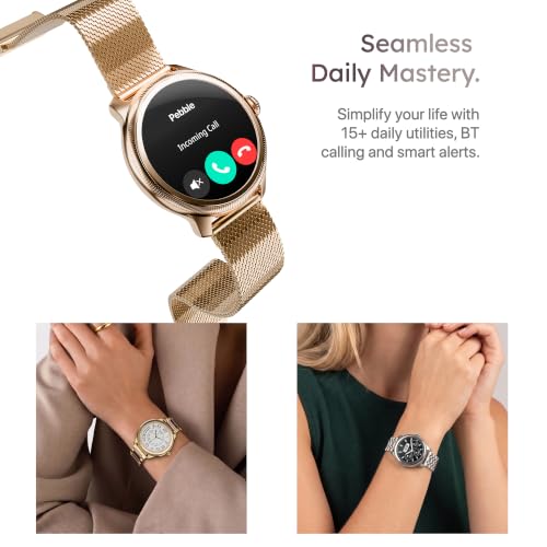 Pebble Opal Newly Launched Smart Watch for Women | Super AMOLED, Classic Design, Glossy Metallic Finish, Stainless Steel Strap, 100+ Watch Faces, Cycle & Sleep Tracking | Sterling Silver