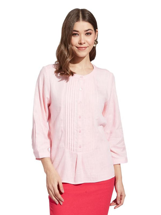 Latin Quarters Women Pink Round Neck 3/4th Sleeve Solid Tunic Blouse_XL