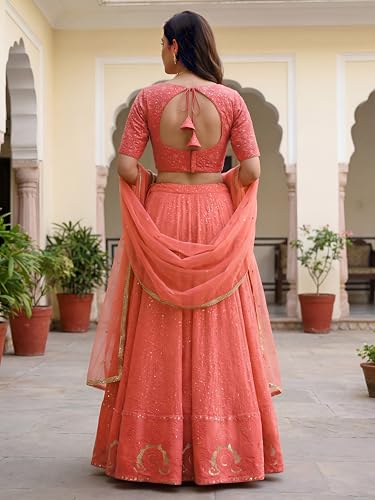 Zeel Clothing Women's Sequins Thread Embroidered Georgette Lehenga Choli With Dupatta (7083-Peach-Women-New-Lehenga-Choli; Free size) (Peach)