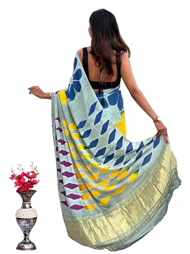 Prijam Handloom Calap Daing Modal Silk Saree, Floral Print, Blue Yellow Purple Pattern, Gold Border (multi 1)