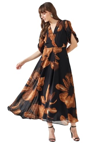 Latin Quarters Women's Brown Half Sleeves V-Neck Printed Casual Maxi Dress_S