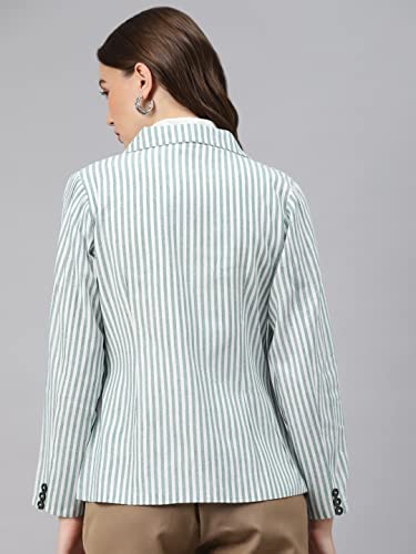 Cottinfab Women White & Green Striped Cotton Formal Single Breasted Blazer