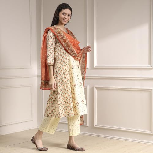 Biba Women Beige Cotton A-Line Printed Kurta Set_32