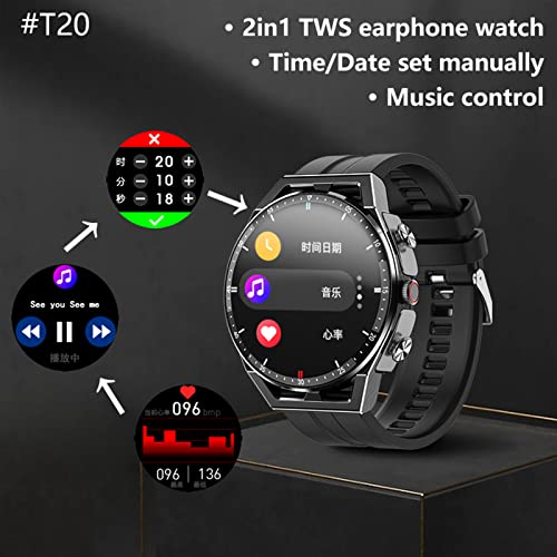 Tuanzi T20 Smart Watch with Earbuds 1.3 Inch Smartwatch Built-in Wireless Combo TWS HiFi Stereo Headset Heart Rate Monitor Fitness Tracker T20-Black
