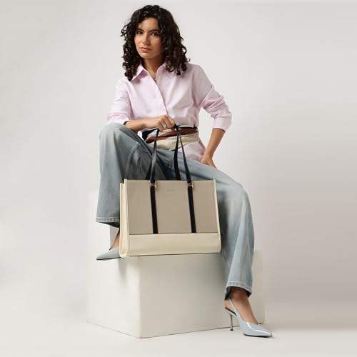 Fastrack Stitchline White Laptop Tote | Faux Leather Work Tote with Black Stitch Accents | 14 Inch Laptop Tote with Three Compartments & Center Zip Pocket | Dual Handles & Organizer Pockets