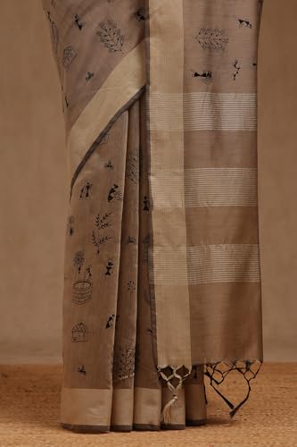 Soch Womens Beige Chanderi Warli Print Saree With Thread Work