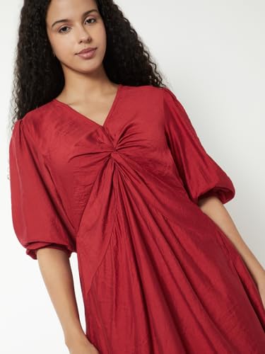Max Women Solid Twisted A-line Midi Dress(Red_XL)