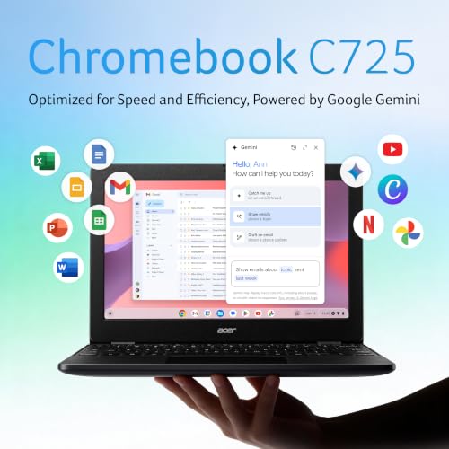 Acer Chromebook, MediaTek Kompanio 540 Octa-Core Processor, 4GB RAM, 64GB eMMC, Full HD, 11.6"/27.94cm Display, Chrome OS, Black, 1.2 KG, C725, Arm Mali G57 Graphics, WiFi 6E Laptop