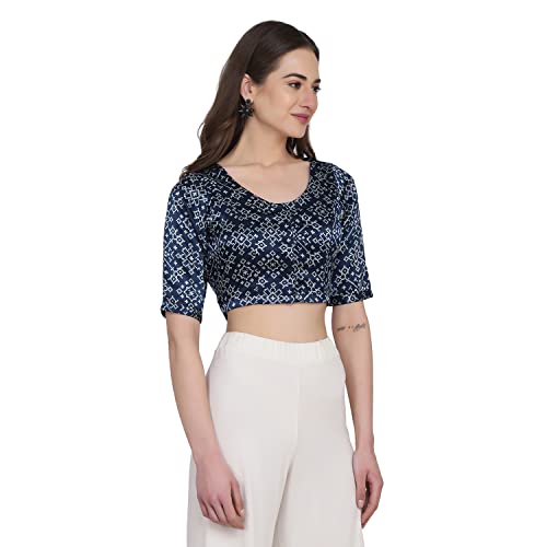 THE WEAVE TRAVELLER Navy Blue Printed Non Padded Women Mashru Saree Blouse