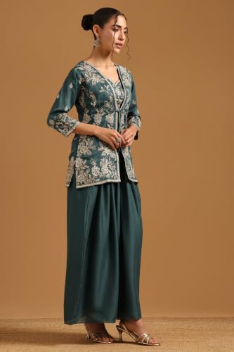 Soch Womens Teal Vichitra Botanical Zari Embroidered Co-Ord Set With Sequins