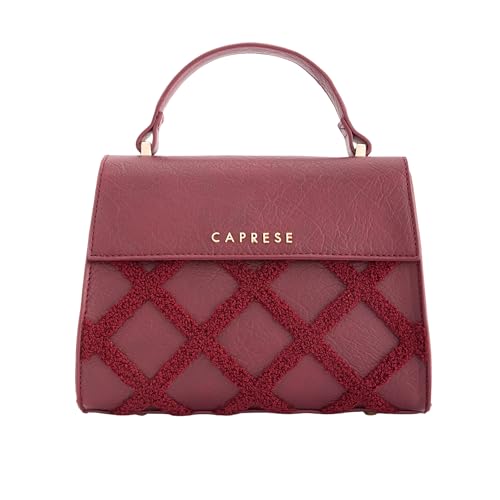 Caprese Athena Small Chenille Embroidery Faux Leather Satchel for Women | Elegant Multi-Compartment Shoulder Handbag with Adjustable & Detachable Strap | Premium Magnetic Button Closure (Cherry)