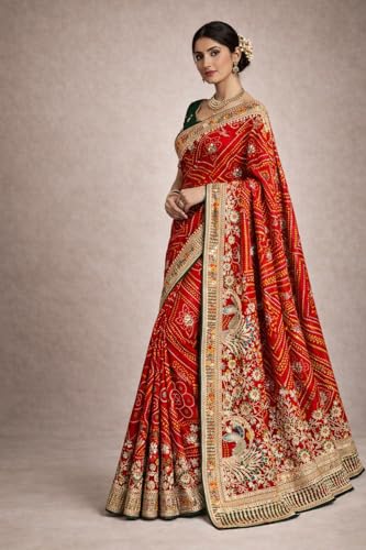 Traditional Rajasthani Saree, Silk Blend, Multicolor, Jacquard Weave, Zari Embroidery, with Blouse Piece, 550 cm