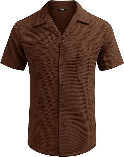 ColorChakra Plus Size Textured Shirt for Mens Waffle Knit Breathable Summer Shirts with Pocket Coffee