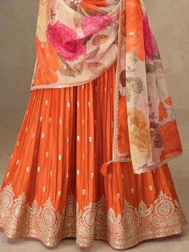 Miss Ethnik Women's Orange Chinon Stitched Gown With Dupatta Full Sleeve Embroidered A-Line Gown (ME-1307-Orange-M)