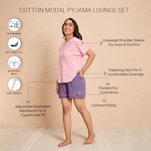 NYKD (NYS940 Soft Modal Cotton Coords Night Suit for Women | Relaxed Fit Round Neck T-Shirt with Extended Shoulder Sleeves & Shorts | Perfect for Sleep, Lounge & Everyday Wear - Pink